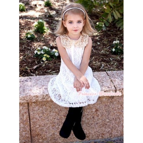 White Floral Lace Pattern Gold Sparkle Sequin Necklace White Giant Bow One Piece Wedding Party Dress PD041 
